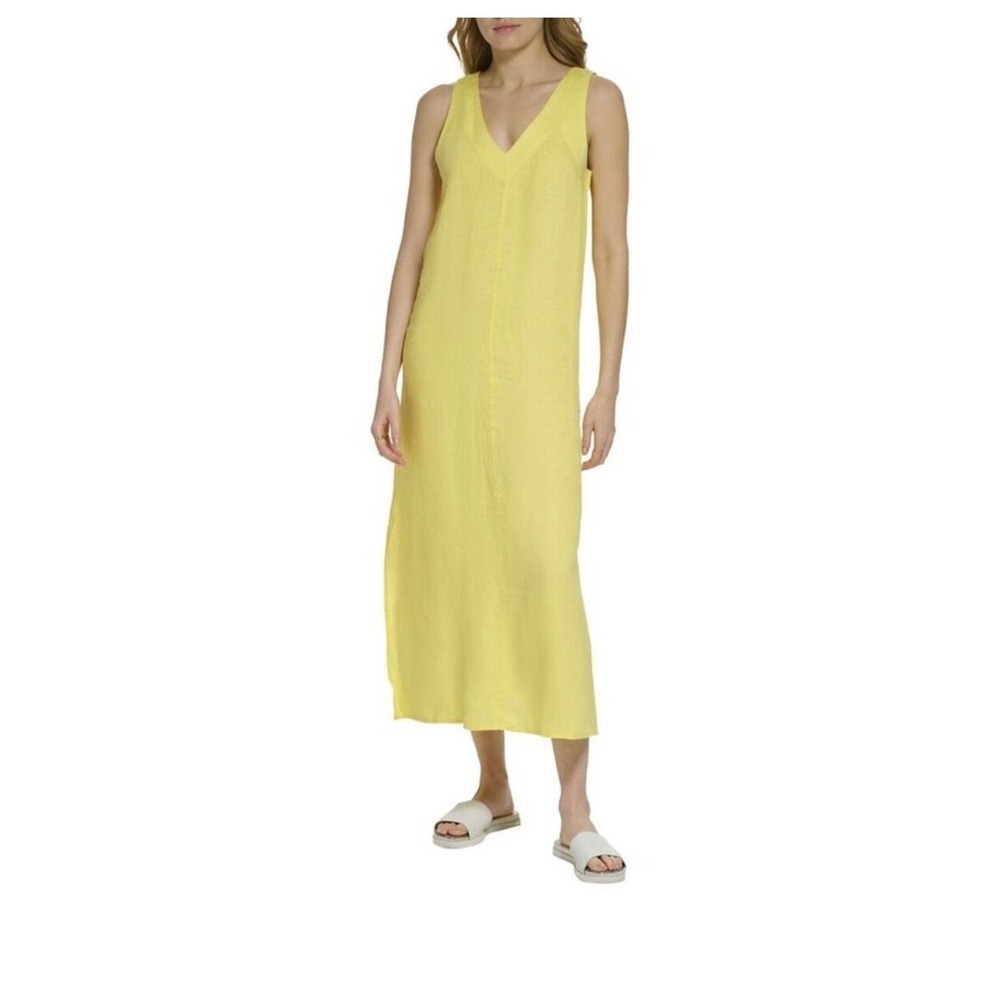 DKNY Yellow Linen Blend V-Neck Maxi Dress Sleeveless Side Slits Small NWT